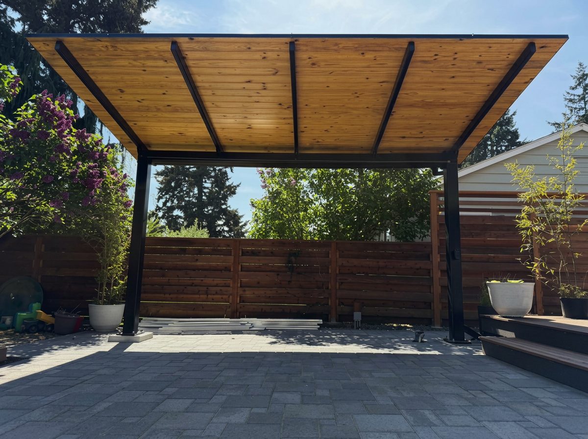 Restored exposed wood patio cover ceiling in Lake Forest Park by Northline Paint & Finish